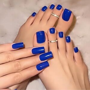 48-Piece Chic Blue Press-On Nails & Toenails Set - Glossy Short Square